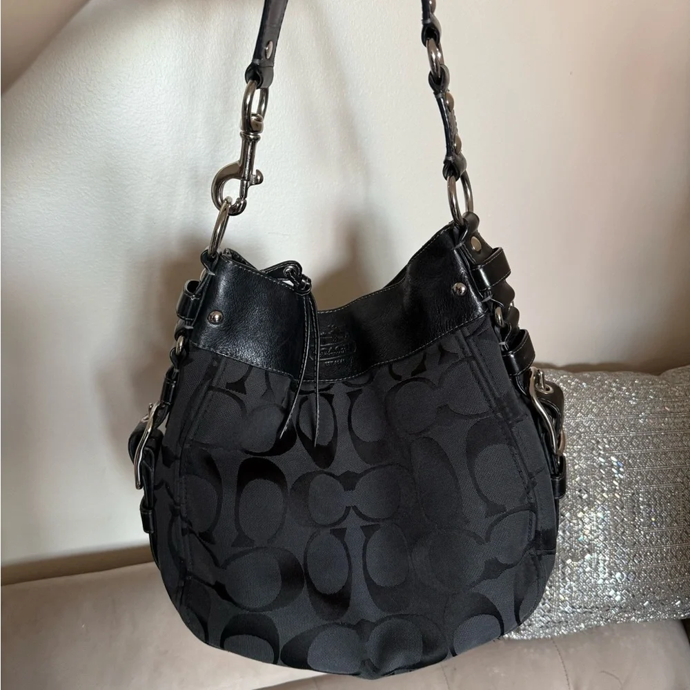 Coach Black Signature Shoulder Bag with Leather Trim - Picture 4 of 11